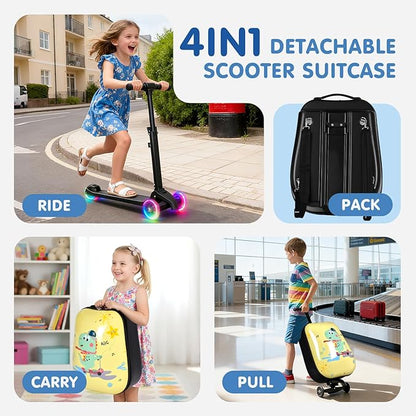 smilesun 4-in-1 Detachable Scooter Luggage for Kids & Teens, Hardside Ride-On Suitcase with Dinosaur Design, Lightweight Foldable, Perfect Travel Gift for Boys(Yellow 22-inch)