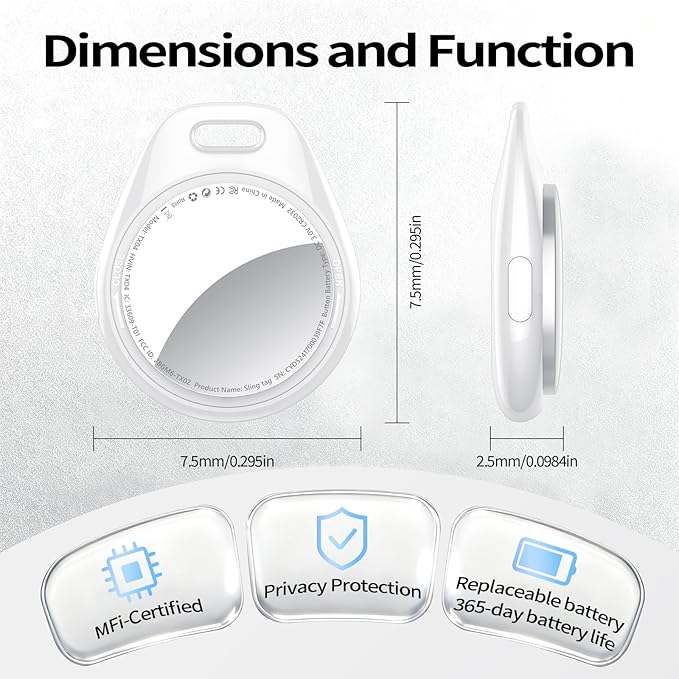 [iOS Only] Tukio Air Tracker Tags 4 Pack White, [Apple MFi Certified] Bluetooth Key Finder & Smart Item Locator Work with Apple Find My for Keys/Luggage/Bags/Suitcases/Car, 365-Day Replaceable Battery