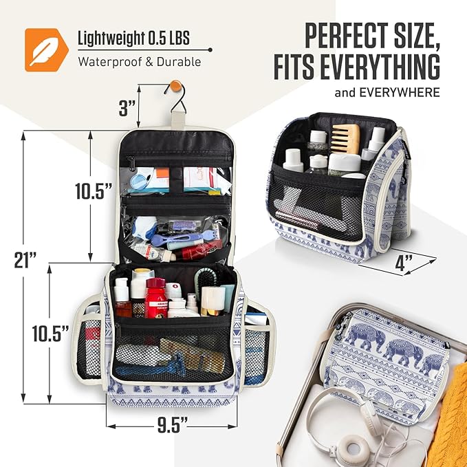 VENTURE 4TH Hanging Travel Toiletry Bag for Women & Men - Travel Organizer with Expandable Compartments & Removable Clear Pouch for Toiletries (Blue Elephant)