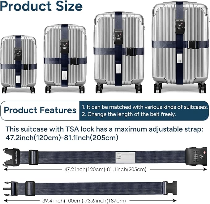 Travel Inspira Luggage Straps - TSA Approved Travel Luggage for Suitcases, Adjustable Suitcase Belt Spot Luggage, Personalized Tags Name ID Card (Navy Blue)