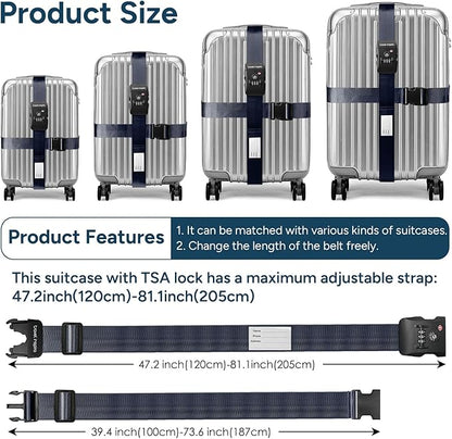 Travel Inspira Luggage Straps - TSA Approved Travel Luggage for Suitcases, Adjustable Suitcase Belt Spot Luggage, Personalized Tags Name ID Card (Navy Blue)