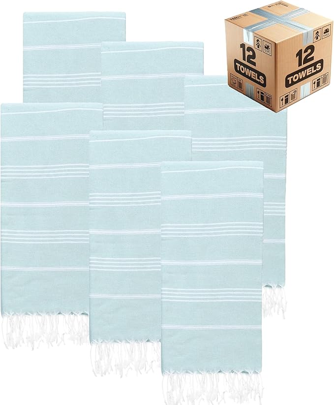 Turkish Beach Towels, Bulk Case of 12 | Oversized, Quick Dry, Sand Free | 100% Cotton, Large 38x71 Towels for Beach, Pool, Travel | Ultra-Soft, Compact, Absorbent | Aquamarine