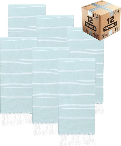 Turkish Beach Towels, Bulk Case of 12 | Oversized, Quick Dry, Sand Free | 100% Cotton, Large 38x71 Towels for Beach, Pool, Travel | Ultra-Soft, Compact, Absorbent | Aquamarine