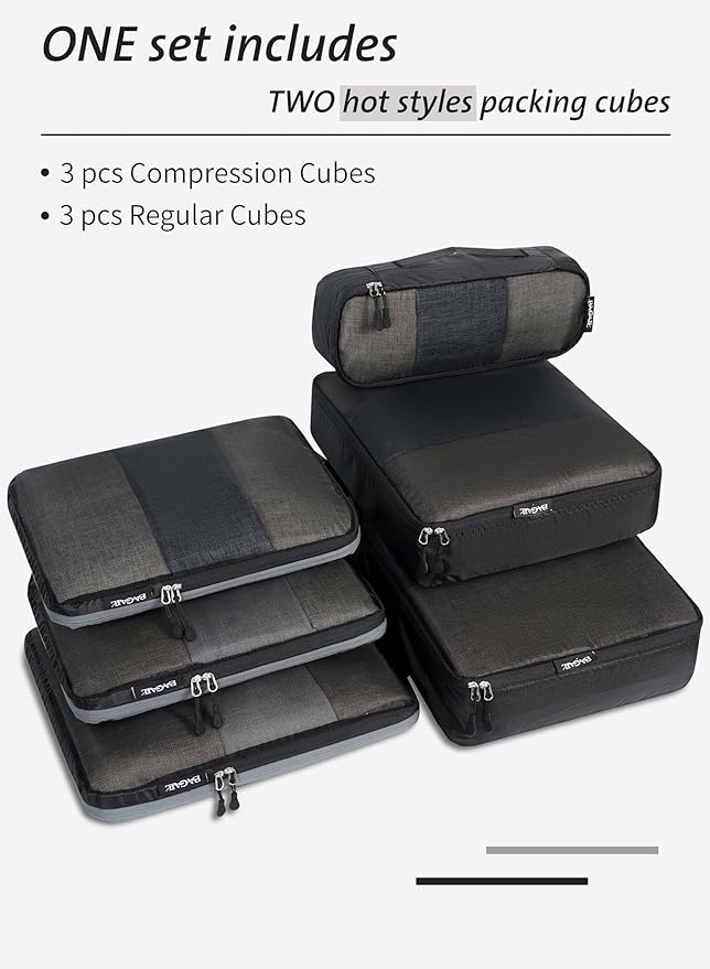 Bagail Ultralight Compression Cubes 7 Set - 3 Packing Cubes, 3 Organizers, and 1 Shoe Bag