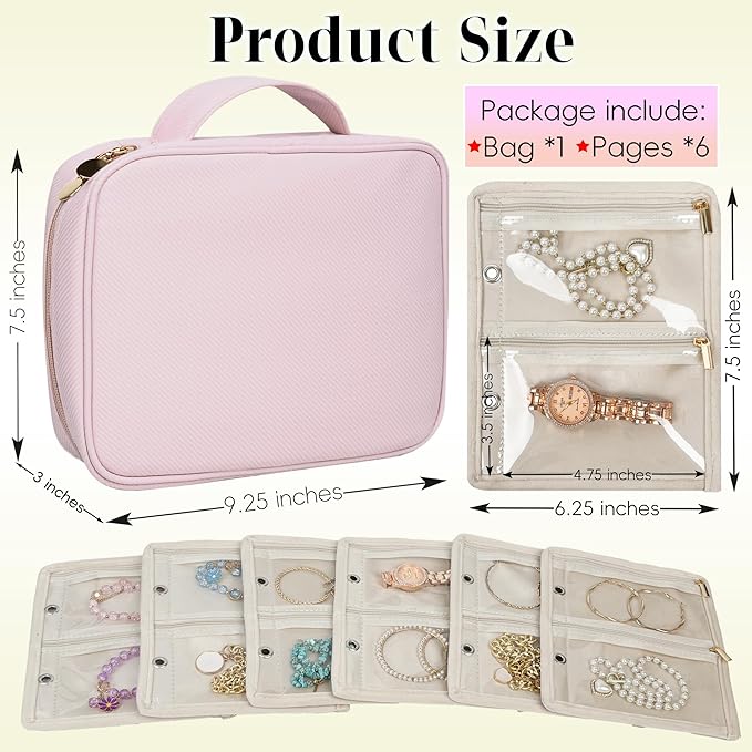 Travel Jewelry Organizer Case,Small Jewelry Bags for Traveling, Jewelry Binder with 24 Pcs Clear Zipper Velvet Pouches (Pink)