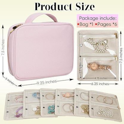 Travel Jewelry Organizer Case,Small Jewelry Bags for Traveling, Jewelry Binder with 24 Pcs Clear Zipper Velvet Pouches (Pink)