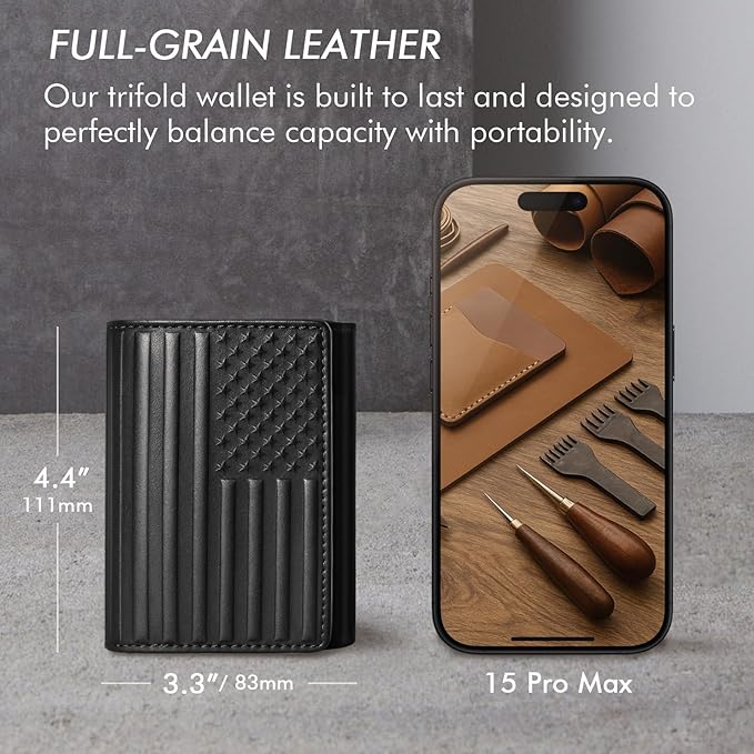 Trifold Leather Wallet for Men RFID Blocking – Mens Trifold Wallet Leather with 12 Card Slots, Gift for Men, American Flag Wallet Black