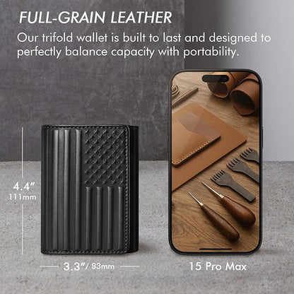 Trifold Leather Wallet for Men RFID Blocking – Mens Trifold Wallet Leather with 12 Card Slots, Gift for Men, American Flag Wallet Black