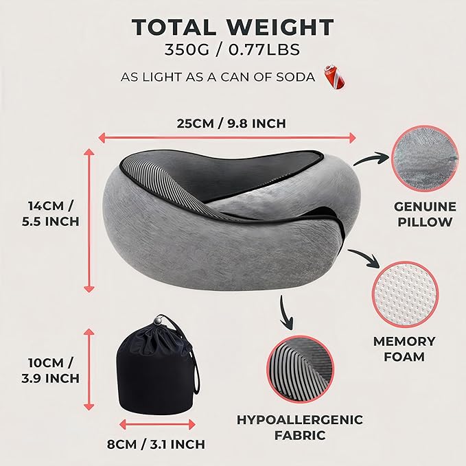 Neck Travel Pillow – Ergonomic Airplane Pillow for Neck Support & Comfort | Compact & Washable Cover | Perfect for Airplane, Car, Train & Home Use | Travel Pillow for Adults & Kids (Gray)