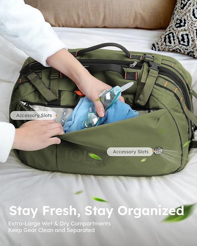 Tolaccea Travel Laptop Backpack for Men Women, 40L-50L Expandable Carry On Backpack with Wet Dry Compartment, TSA Approved Daypack Fits 16 Inch Laptop, Convertible Rucksack Duffel Bag for Work Travel