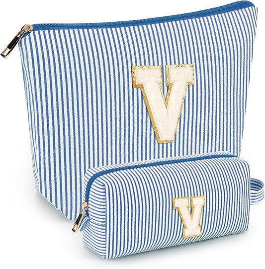 2 PCS Initial Makeup Bags for Women: Cosmetic Bag for Travel Toiletry - Birthday Gifts for 11 12 13 14 15 16 17 18 Years Old Girl Graduation Teacher Gift- Teen Girl Gifts Trendy Stuff - Blue V