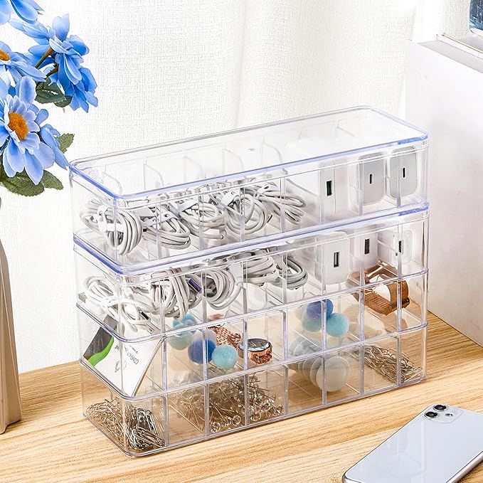 Tatuo 8 Pcs Cable Organizer Box with Wire Ties, Plastic Cord Storage Box with Lid, Electronics Organizer for Home Office Desk Organizers and Accessories (Clear)