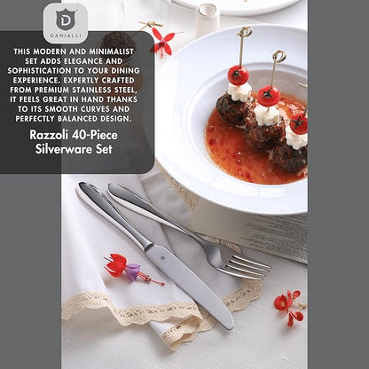 Modern Silverware Set, 18/10 Stainless Steel Flatware, Mirror Finish, Dishwasher Safe, Elegant Cutlery for Home and Dining, Built to Last (40-Piece, Razzoli)