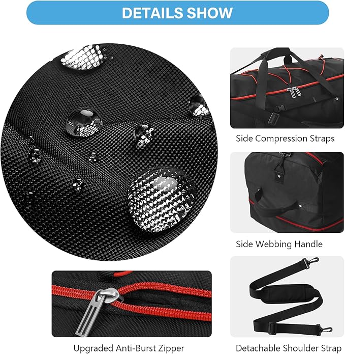 Vomgomfom Wheeled Collapsible Duffel Bag,110L-140L Expandable Checked Luggage, No-Telescopic-Handle with Anti-Burst Zipper & Reinforced Frame,Black-red