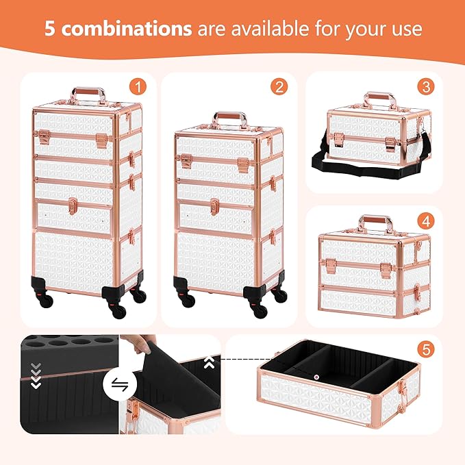 Makeup Train Case with Drawer, Rolling Makeup Case, Cosmetology Case on Wheels, Gift, Large Makeup Case Organizers, Professional for Salon Barber, Nail, Tattoo, White Gold