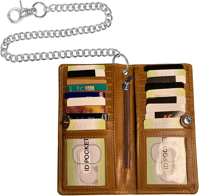 IBRO Long Bifold RFID Blocking Motorcycle Chain Wallet for Men Tan Crunch