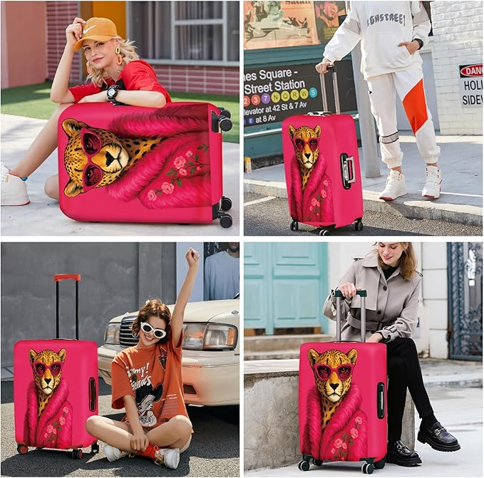 ANNA QUEEN Fashionable Leopard Luggage Cover, Leopard in Pink Coat and Sunglasses, Stretchable, Washable Travel Sleeve for 28-30 Inch Luggage