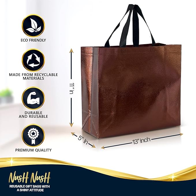 Nush Nush Chocolate Gift Bags Large Size – Set of 60 Reusable Shiny Brown Gift Bags With Handles- Metallic Party Favors Bags In Bulk For Small Business Use In Gifting Events, Birthdays - 13Wx5Dx11H