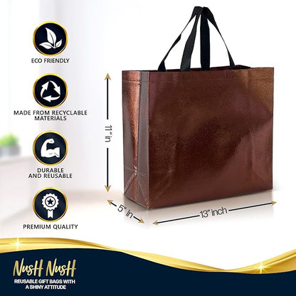 Nush Nush Chocolate Gift Bags Large Size – Set of 60 Reusable Shiny Brown Gift Bags With Handles- Metallic Party Favors Bags In Bulk For Small Business Use In Gifting Events, Birthdays - 13Wx5Dx11H
