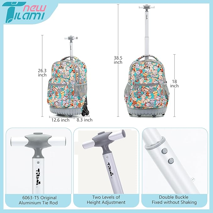 NEW TILAMI Rolling Backpack for Boy Suitcase School Adjustable Laptop Backpack with Wheels for Girl to School Travel Camping Boys Backpack Cute Cats 18 Inches