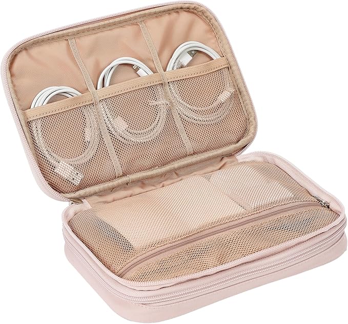 NISHEL Travel Cord Organizer Case, Double Layers Tech Electronic Bag, Essentials for Charger, Cable, Phone, Flash drive, Large, Pink