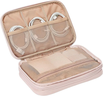 NISHEL Travel Cord Organizer Case, Double Layers Tech Electronic Bag, Essentials for Charger, Cable, Phone, Flash drive, Large, Pink
