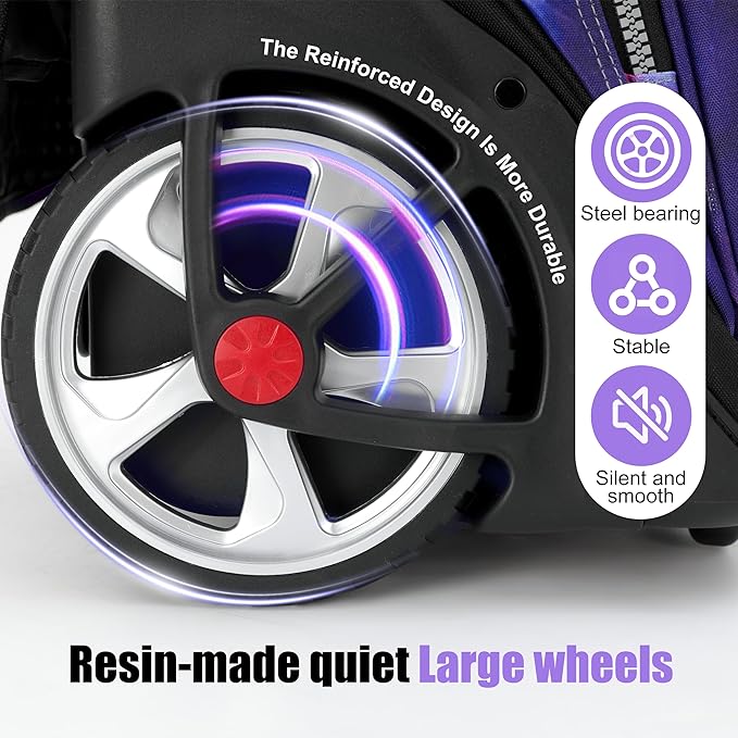 NEW TILAMI 19 Inch Rolling Backpack with Lunch Bag for Girls Boys Wheeled Laptop Backpack Durable Carry-on Bag School Travel, Purple Starry