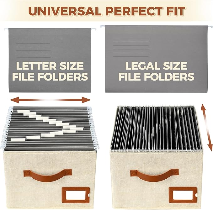 Storage Standard 2-Pack File Organizer Box with Lid - Collapsible Hanging Linen Document Organizer Portable File Boxes, Lightweight & Portable Filing Box Crates with Handles & Extras, Ivory