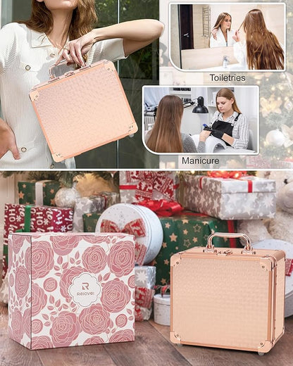 Relavel Makeup Bag with LED Mirror, Makeup Box Travel Train Case with Rechargeable Lighted Mirror, Cosmetic Brush Organizer Storage for Makeup Artists Gifts for Women and Girls, Rose Gold