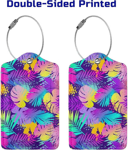 Set of 2 Purple Leaves of Palms Tree Luggage Tags for Suitcases, Colorful Art Tropical Flavour Leather Suitcase Tag Name Identifiers Labels for Travel Bag Baggage Backpack