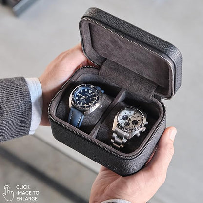 TAWBURY Watch Case - 2 Slot Watch Box for Men & Women with Genuine Top-Grain Leather Exterior, Metal Zipper and Extra Wide Pillows for Large Watches (Black)