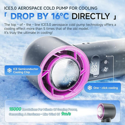 [2025 Upgrade Portable Cooler Handheld Fan, [Coldest Turbo Hand Fan] 15000RPM 24H Max Cooling Time Highly Speed (1-100) Hand Fan, Collapsible Mini Small for Travel, Office (Grey)