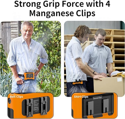 Socool 14500mAh Portable Waist Fan Clip On Wearable Belt Shirt Fan 5 Speeds with Dual Air Outlet & Flashlight Personal Hanging Neck Fans Battery Operated Rechargeable 40H Cooling For Camping Jobsite