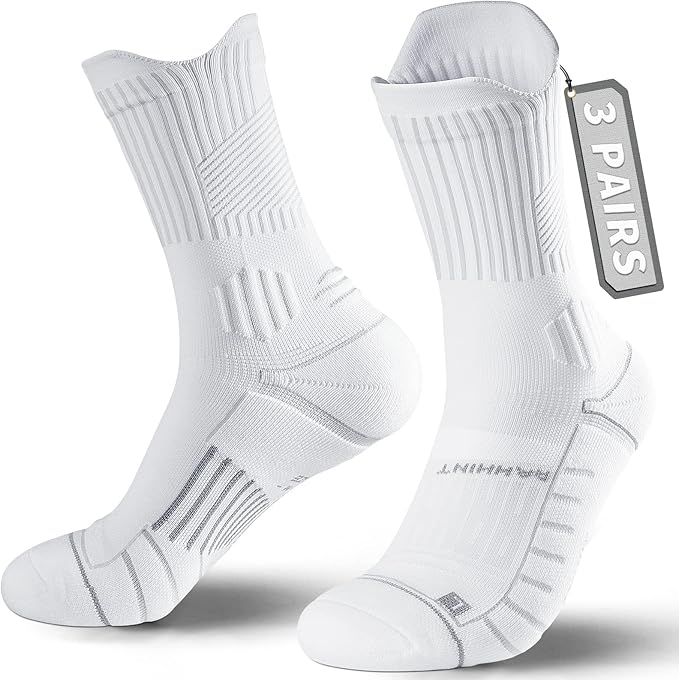 Compression Running Socks 3 Pairs, Cushion Crew Socks, Anti-Blister Moisture Wicking Athletic Hiking Basketball Socks