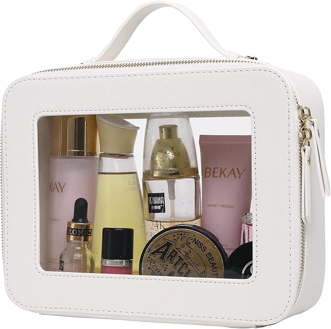 Pinkmik Clear Makeup Bag for Women Waterproof Travel Cosmetics and Toiletries Case Portable Makeup Oaganizer Bag Clear Car Bag with Zipper (White, L)