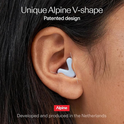 Alpine Silence Earplugs for Sleep, Focus & Travel - V-Shape Snug Fit & Soft Oval Tips – 4 Sizes XS/S/M/L - Comfortable, Reusable Hearing Protection - up to 25dB – Blue
