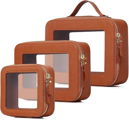 Pinkmik Clear Makeup Bag Waterproof Travel Case for Cosmetics and Toiletries Women's Purse Organizer and Clear Car Bag with Zipper (X/Brown, L+M+MINI)