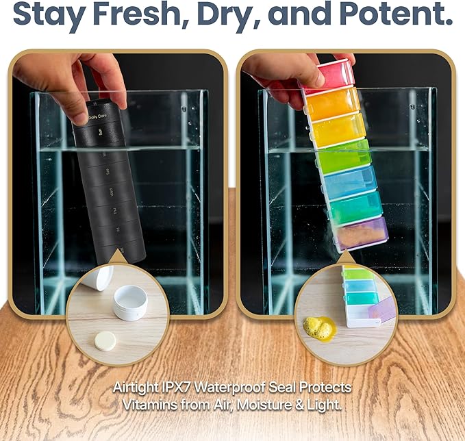 Ankomn - 7 Day Travel Pill Organizer. IPX7 Rating Waterproof, Airtight & Portable Pill Case for Vitamins. Durable Weekly Supplement Case with Stackable Compartments for Outdoor Use - Black