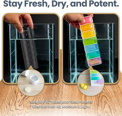 Ankomn - 7 Day Travel Pill Organizer. IPX7 Rating Waterproof, Airtight & Portable Pill Case for Vitamins. Durable Weekly Supplement Case with Stackable Compartments for Outdoor Use - Black