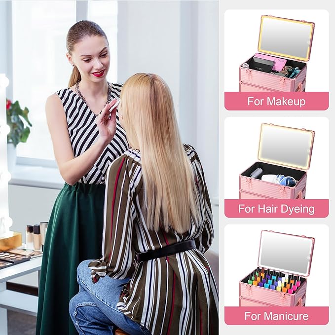 Makeup Train Case with LED Mirror, Rolling Makeup Case with Drawers, Cosmetology Case on Wheels, Gift, Travel Makeup Organizers, Profesional Cosmetic Case for Salon Barber,Nail,Tattoo, Pink
