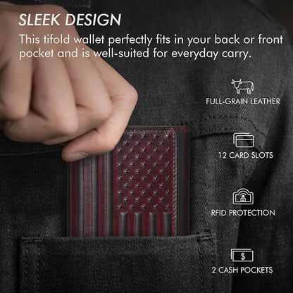 Trifold Leather Wallet for Men RFID Blocking – Mens Trifold Wallet Leather with 12 Card Slots, Gift for Men, American Flag Wallet Red