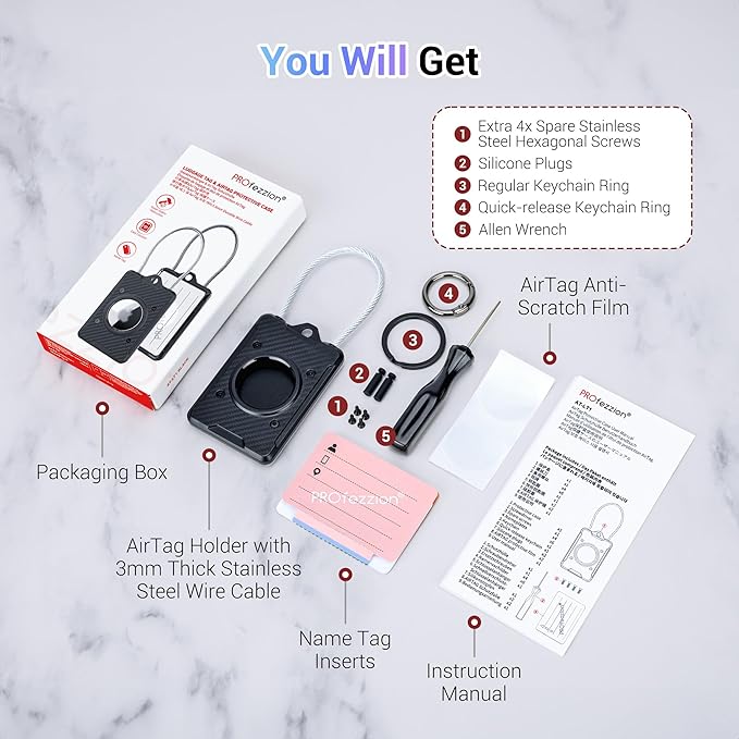 PROfezzion Luggage Tag AirTag Holder with Name ID Cards, Luggage Name Tag with Wire Cable Key Rings for Luggage Bag Travel Suitcase Backpack, Scratch Resistant AirTag Case for Travelling