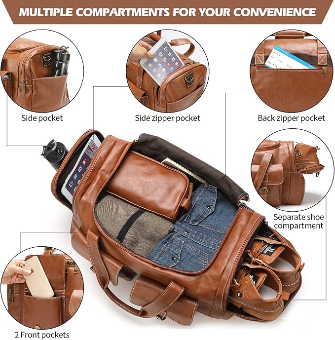 Zeroway PU Leather Travel Duffel Bag with Toiletry Dopp Kit and Laundry Bag, Weekender Overnight bag Luggage Carry-On Bag with Shoe Pouch for Men or Women Brown