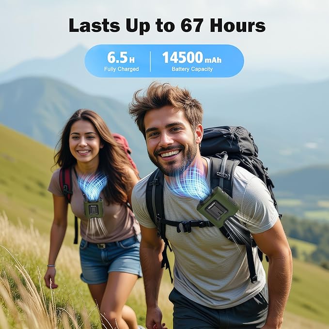 PANERGY Portable Waist Fan, 67H Runtime Wearable Fan with 4+1 Speeds, Storm Mode, 14500mAh Rechargeable Belt Fan with Dual Clip, Flashlight for Outdoor Jobsite(Army Green)