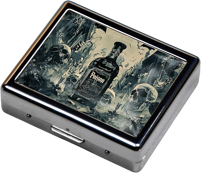 7 Days Chromed Shiny Silver Pill Organizer with Mirror Inside Has 8 Separate Compartments Rectangle,Versatile Storage for Medication - Ideal Travel Accessory (Surrounding Skeleton)