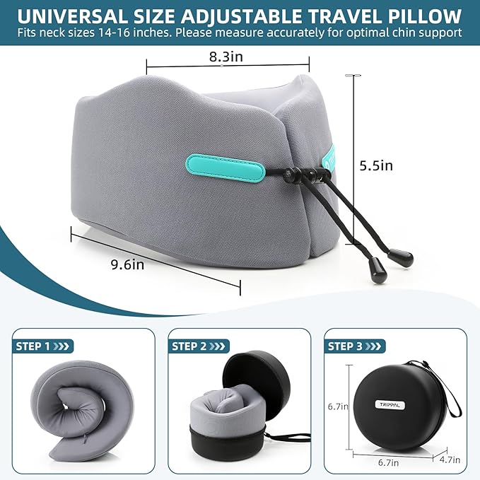 GOLDORANGE Travel Pillow Upgraded Airplane Neck Pillows Chin Support Adjustable Memory Foam Travel Essentials for Car Home Office Headrest Sleep with with Eye Masks Earplugs and Luxury Bag, Gray-Blue