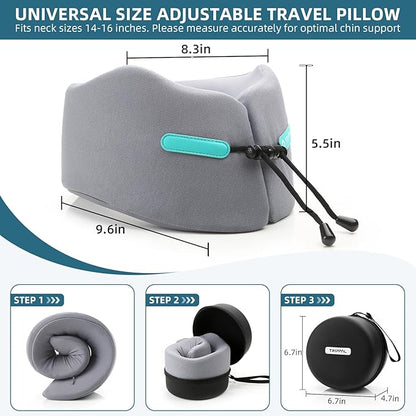 GOLDORANGE Travel Pillow Upgraded Airplane Neck Pillows Chin Support Adjustable Memory Foam Travel Essentials for Car Home Office Headrest Sleep with with Eye Masks Earplugs and Luxury Bag, Gray-Blue