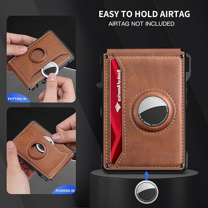 Airtag Wallet for Men, Mens Smart Wallet for Air Tag RFID Blocking, Minimalist Bifold Pop Up Aluminum Credit Card Case Holder 12+ Cards with ID Window, Gift for Men, No Airtag Included, Brown