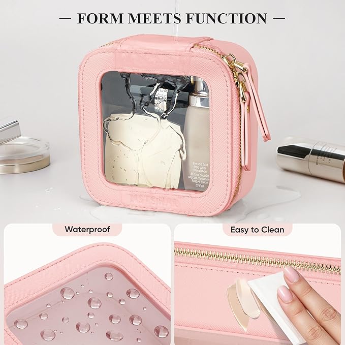 Clear Makeup Bag, Travel Toiletry Bag Cosmetic Case for Women, Waterproof Portable Small Make Up Skincare Pouch with Zipper, Compact Car Organizer Bag for Essentials, Mini Size, Pink