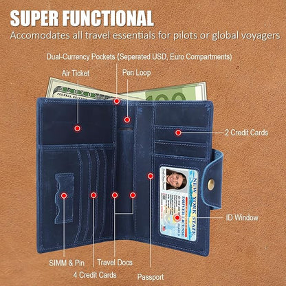 STAR VISTA Carmen Leather Passport Wallet, Dual Bifold Cash Pockets, RFID Blocking, ID Window, 6 Card Slots, Coin Pocket, SIM Slots, AirTag Slots, Navy Blue